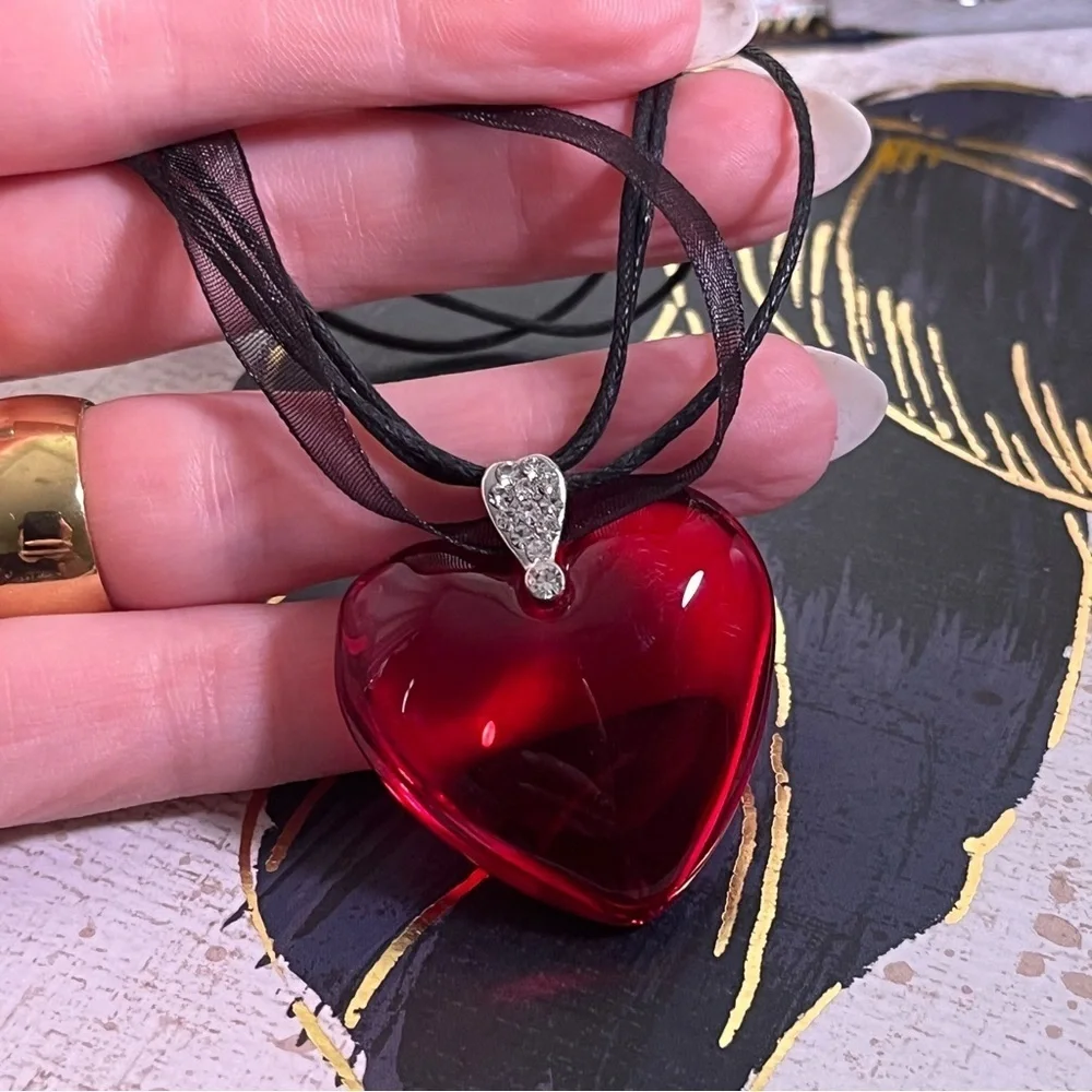 Vintage 1990s red glass heart CZ black Gothic sheer ribbon with silver necklace